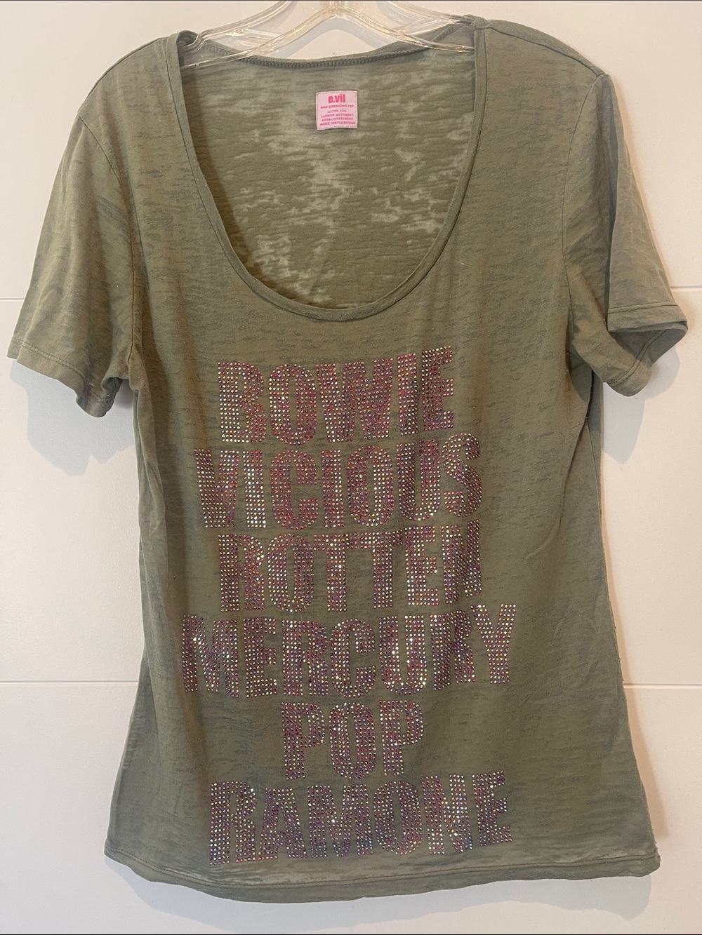 E.VIL Olive Green Scoop Neck Band Tee Punk Rock Rhinestone Y2K